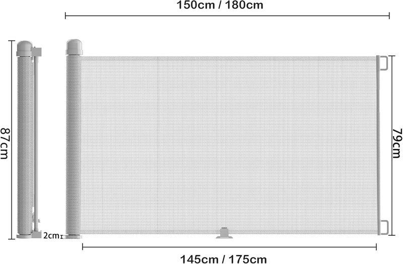 XMTECH Türschutzgitter Ausziehbar Treppenschutzgitter 0-180cm Grau Einziehbares Treppenschutzrollo,