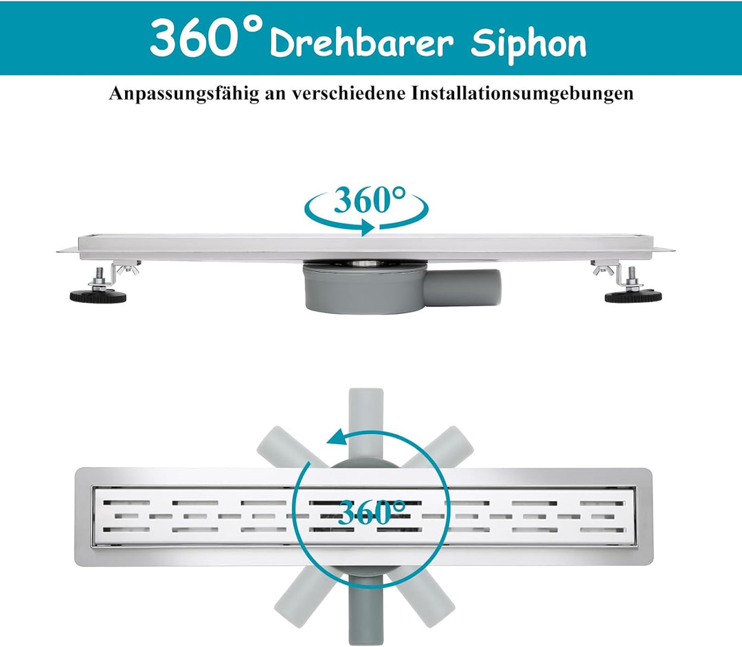 Duschrinne 600 x 70 mm Edelstahl 304, Siphon mit Geruchsstop und Haarsieb, 304 Edelstahl Ablaufrinne