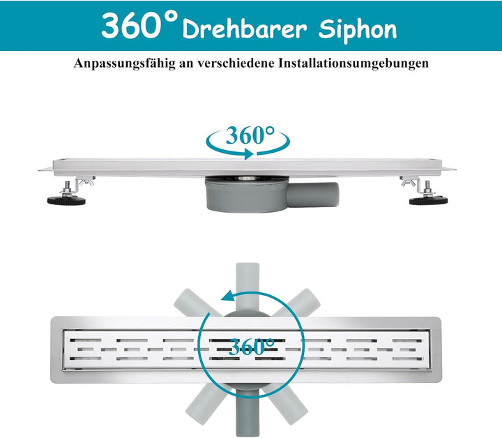 Duschrinne 600 x 70 mm Edelstahl 304, Siphon mit Geruchsstop und Haarsieb, 304 Edelstahl Ablaufrinne