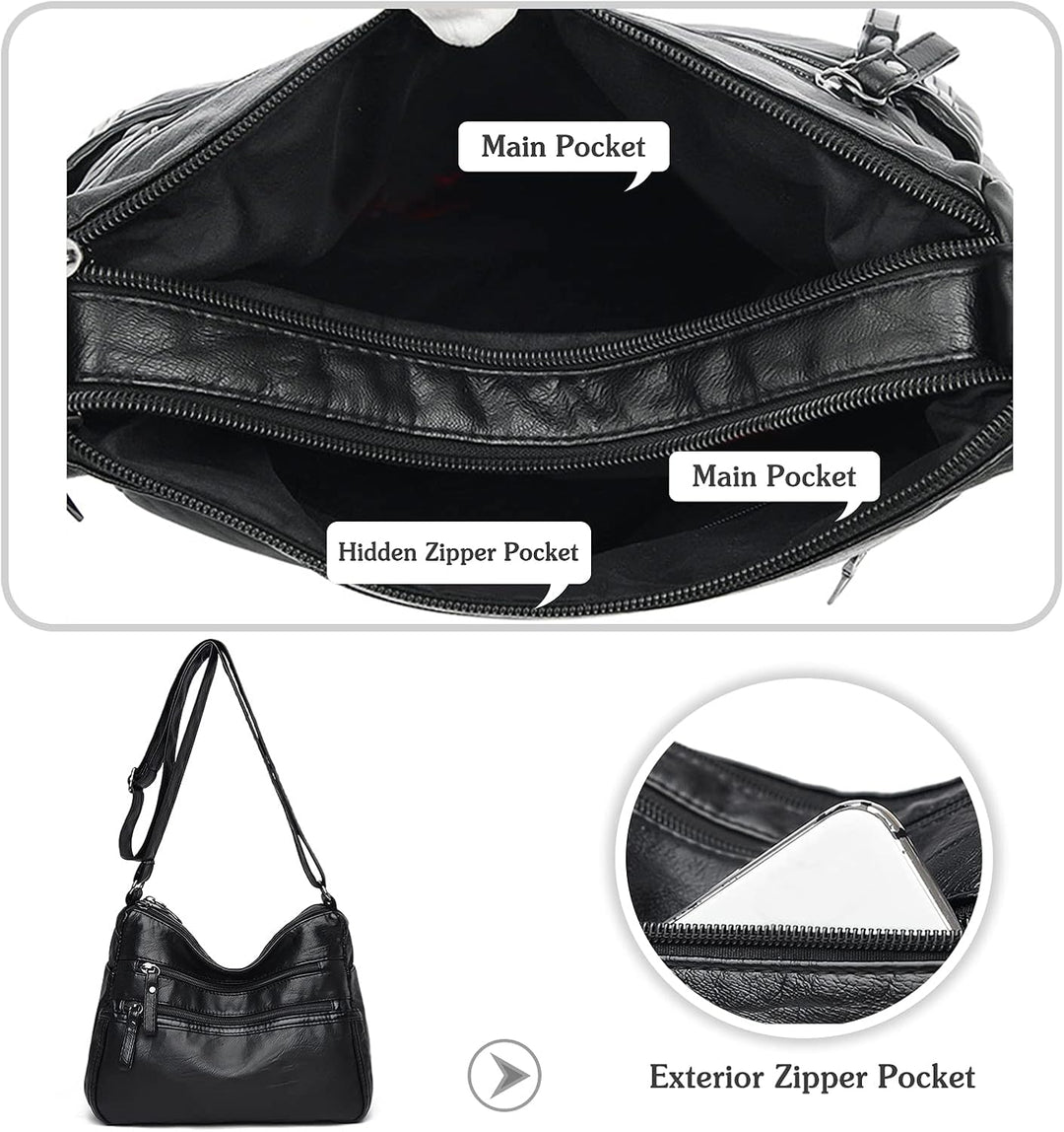 PORRASSO Damen Umhängetasche Multi-Tasche Schultertasche Leder Wasserdicht Handtasche Schulterbeutel