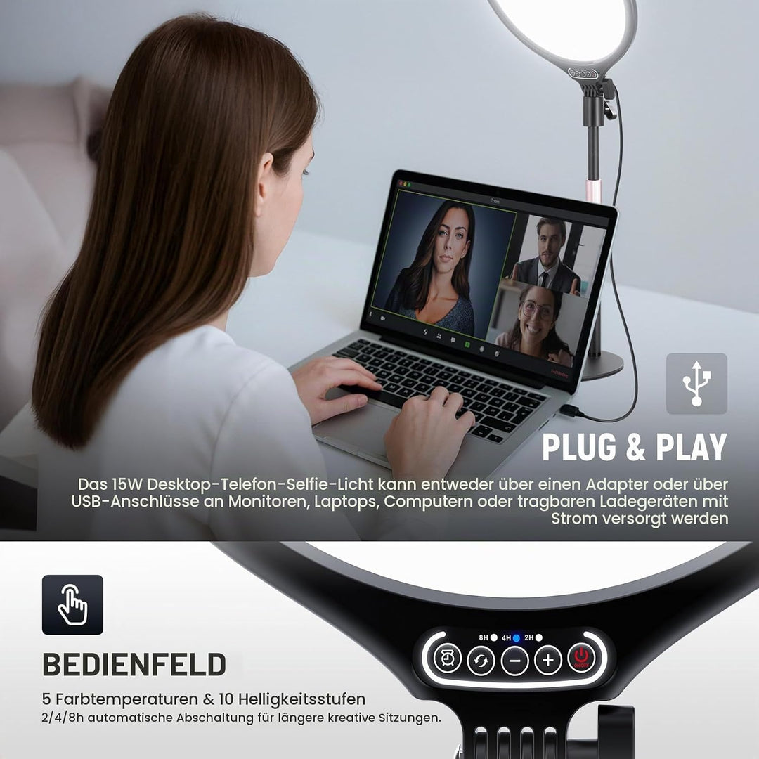 NEEWER Basics 10,5" Desk Ring Light w Stand/Phone Holder/Timer, Full Screen 15W Dimmable LED Selfie