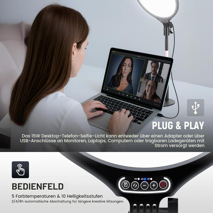 NEEWER Basics 10,5" Desk Ring Light w Stand/Phone Holder/Timer, Full Screen 15W Dimmable LED Selfie