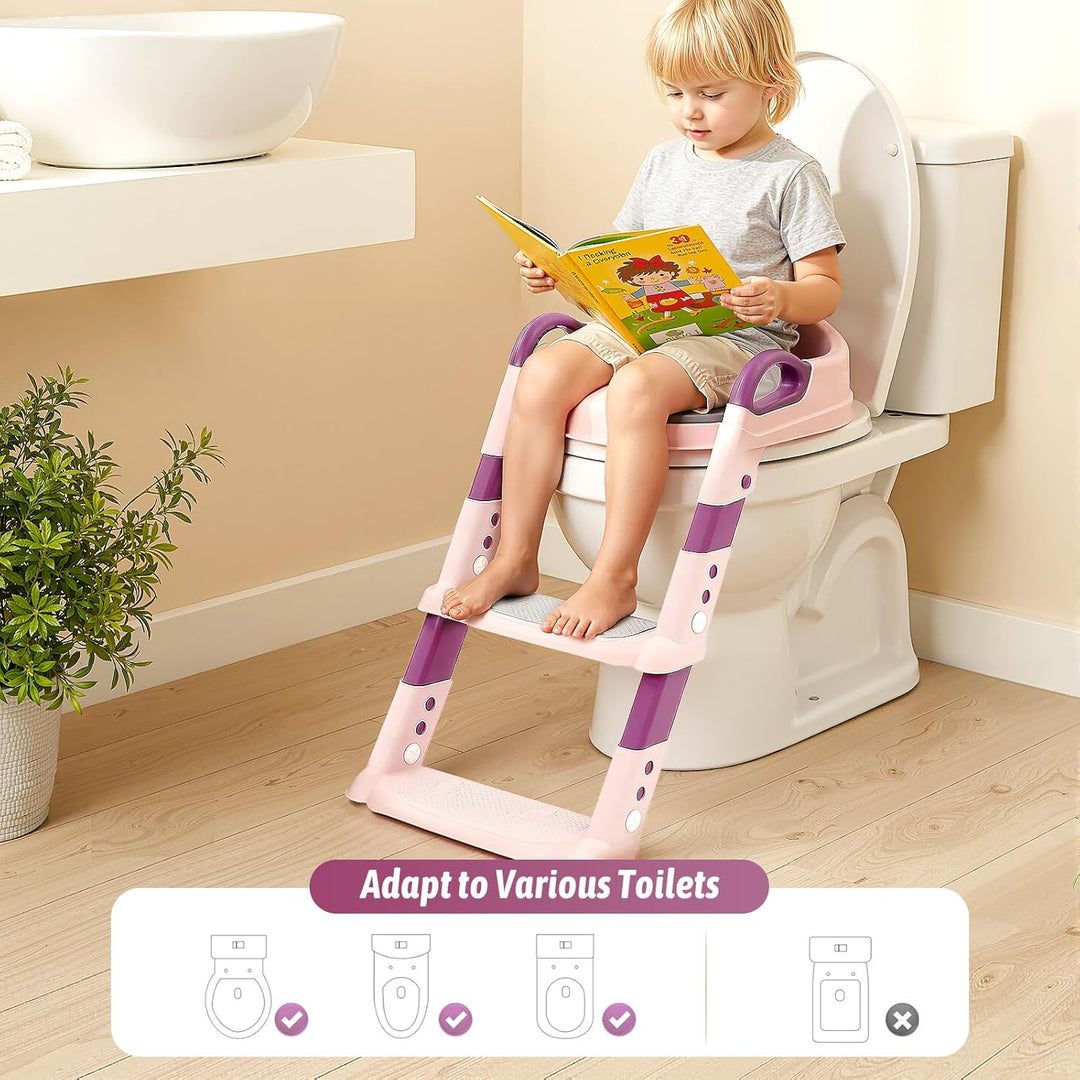Kinder Toilettensitz mit Treppe, 2-7 Jahre, 6-stufig höhenverstellbar, klappbarer Toilettentreppe, P