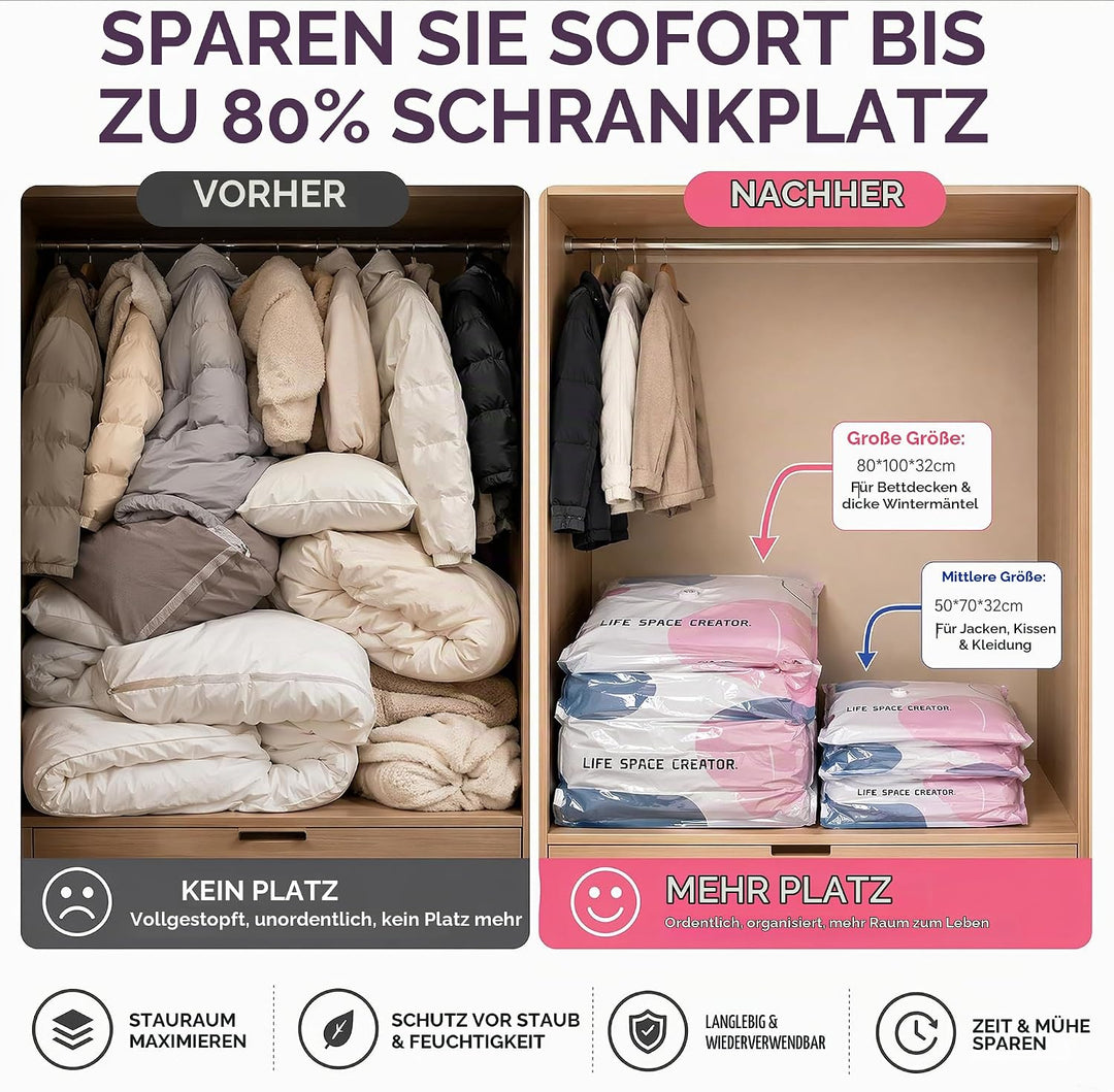 Vakuumbeutel Ohne Pumpe, 4 Pack Vakuumbeutel fur Kleidung, Vacuum Bags for Clothing, No-Pump Vacuum