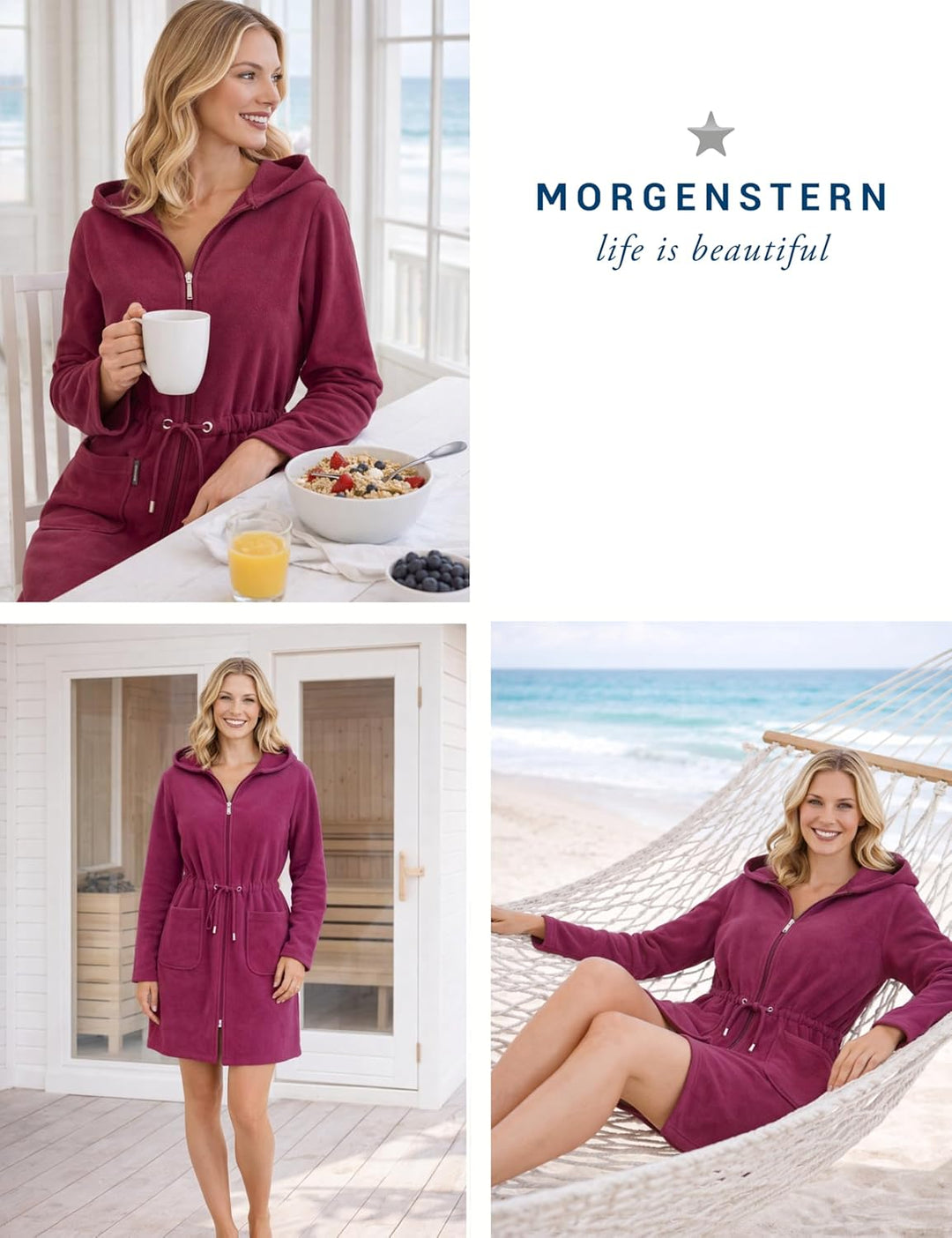 Morgenstern Bademantel Damen Reissverschluss Kapuze Frottee Leicht Kurz Emily S Beere, S Beere