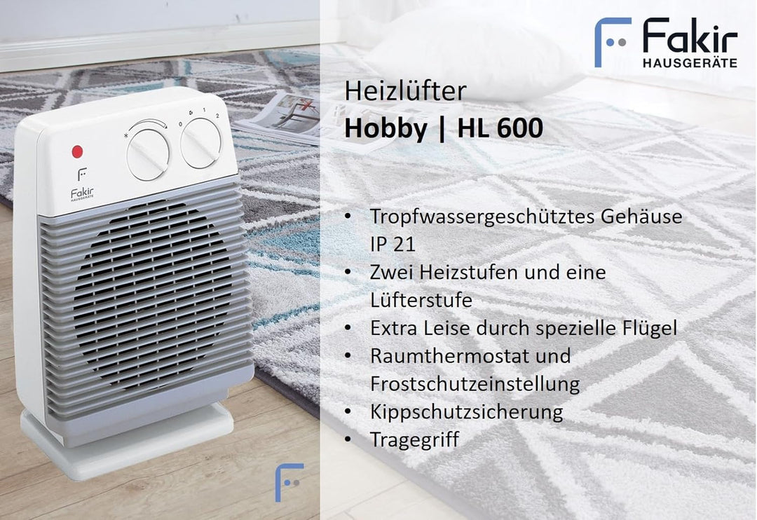 Fakir HL 600 Hobby - Heizlüfter, Heizlüfter Bad, Heizlüfter energiesparend, 2 Heizstufen, Heizlüfter