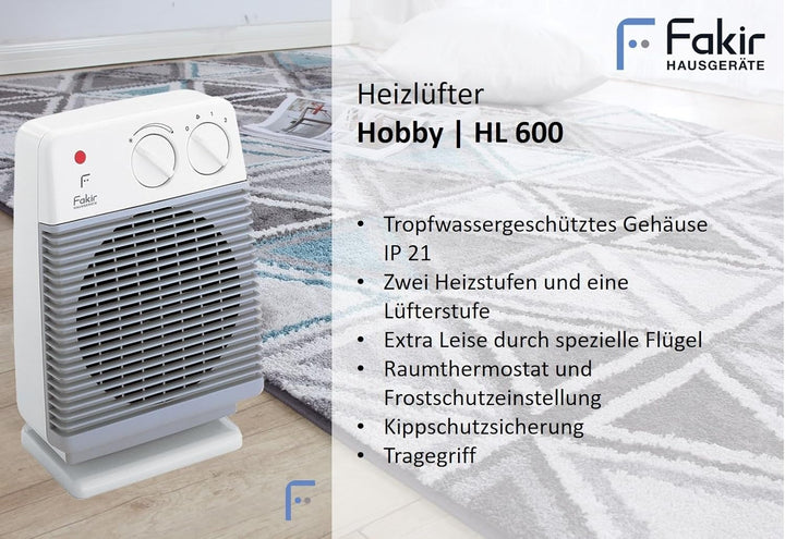 Fakir HL 600 Hobby - Heizlüfter, Heizlüfter Bad, Heizlüfter energiesparend, 2 Heizstufen, Heizlüfter