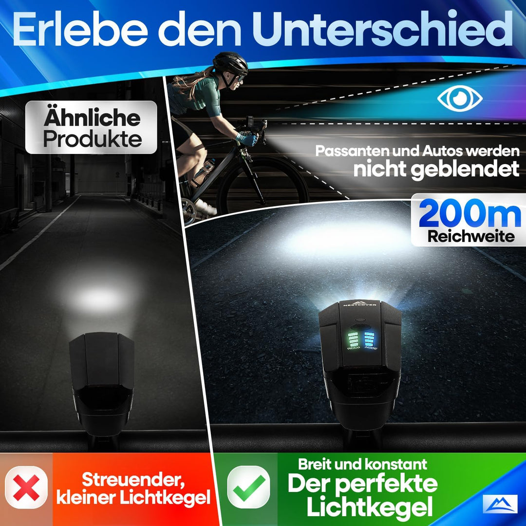 NEXTCOVER® Fahrradlicht Set mit [LightSense] Sensor & 11h Akkulaufzeit I USB aufladbar & wasserdicht