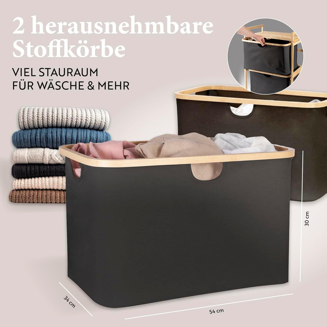 HENNEZ Badezimmerregal 2 Fächer | Bambusregal mit Ablage und 2 Körben | Badregal mit Schubladenboxen