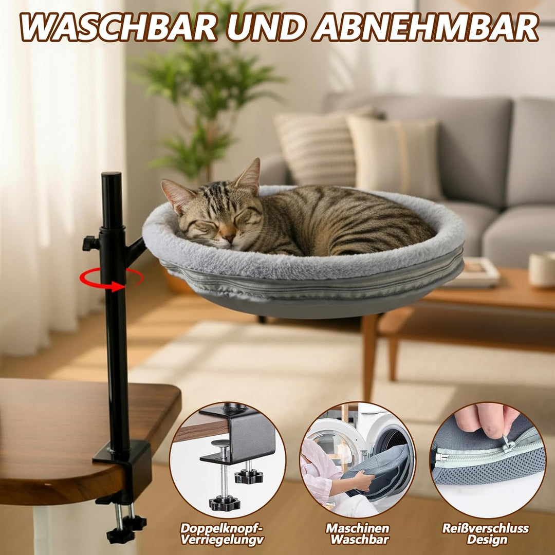 Katzenbett für Schreibtisch, 360° drehbar & Höhenverstellbar, Max 33lb, Katzenhängematte mit 2 wasch