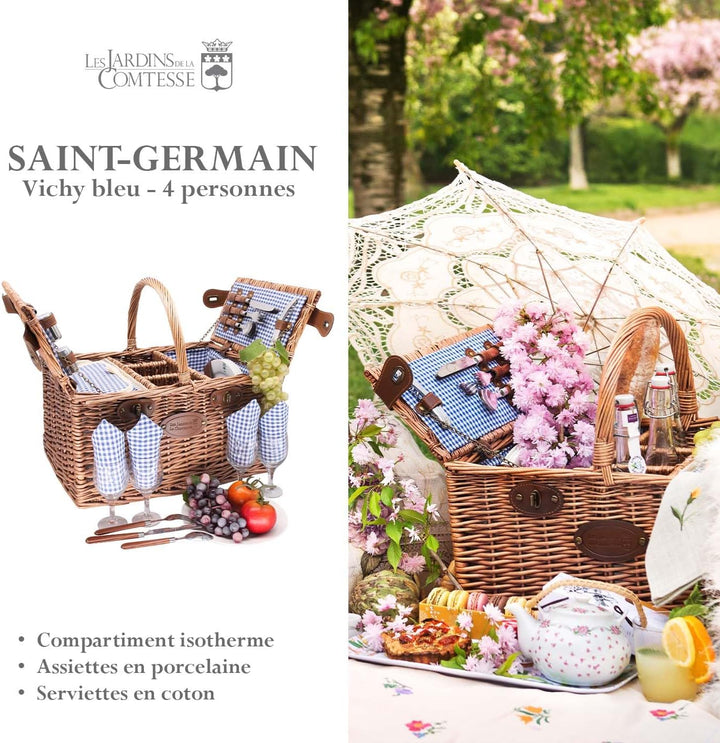 Les Jardins de la Comtesse - Picknickkorb Saint Germain Vichy, Blau – komplett – 4 Personen – Isolie