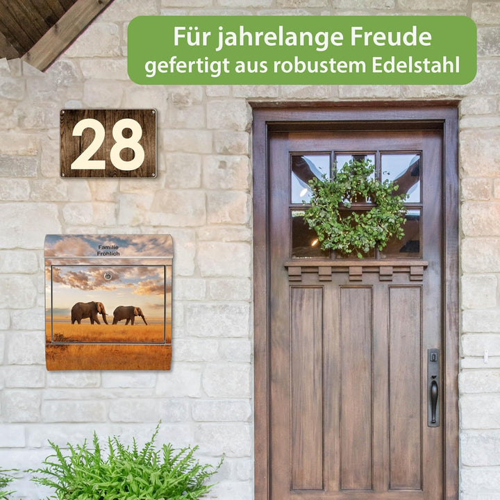 banjado® Briefkasten Edelstahl personalisiert mit Motiv Elefanten 38x43x12cm &amp; 2 Schlüssel - rostfre