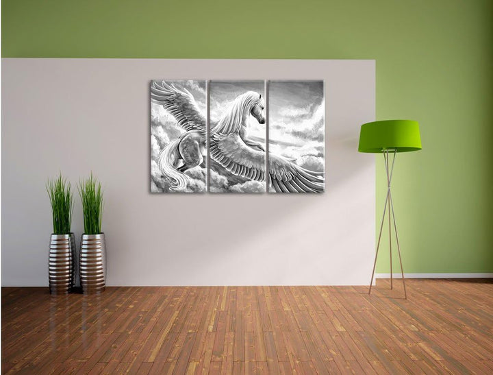 Pixxprint Pegasus fliegt über den Wolken Kunst B&W 3-Teiler Leinwandbild 120x80 Bild auf Leinwand
