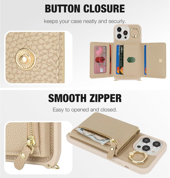 ELTEKER Handyhülle für iPhone 15 Pro Max Hülle mit Band Kartenfach Handykette Ringhalterung Geldbörs