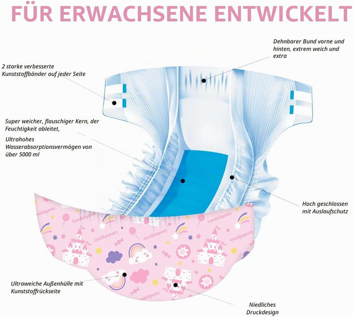 Landofgenie Erwachsene Windeln Rosa gedruckte Windel Unterwäsche Grosse Erwachsene Baby Nachtwindeln