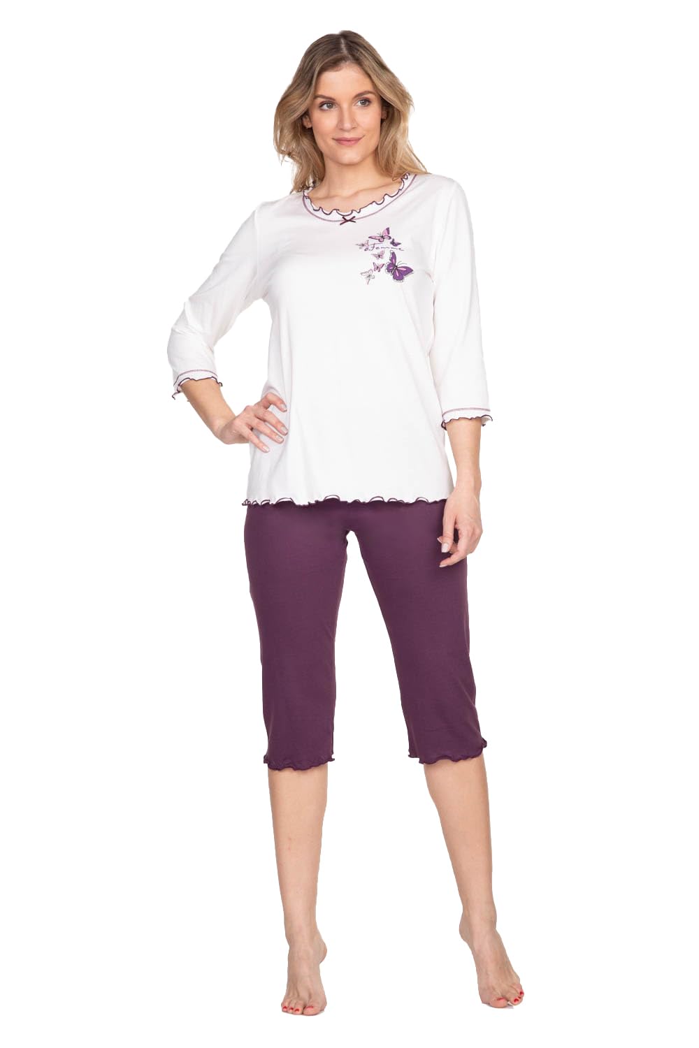e.Femme® Damen Schlafanzug 259 aus Baumwolle und Modal, 36 Ecru/Aubergine