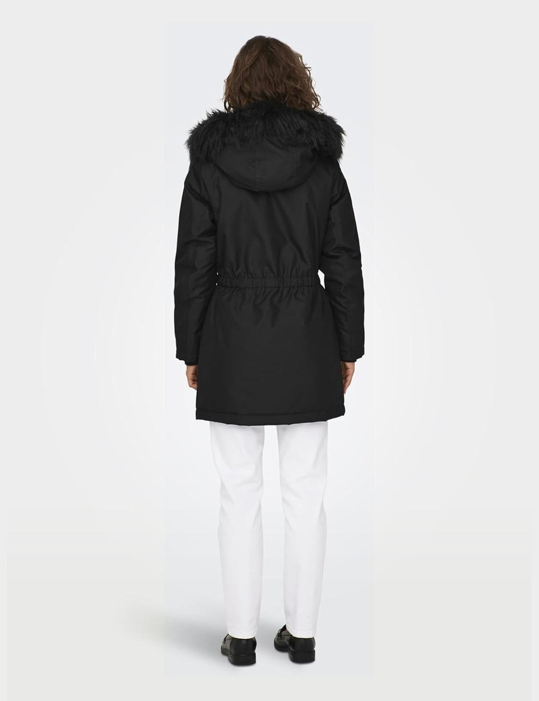 ONLY female Langer Parka Kapuze mit abnehmbarem Kunstfell-Rand Gerippte Ärmelbündchen Parka L Black