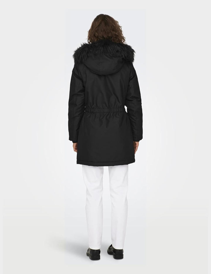 ONLY female Langer Parka Kapuze mit abnehmbarem Kunstfell-Rand Gerippte Ärmelbündchen Parka L Black