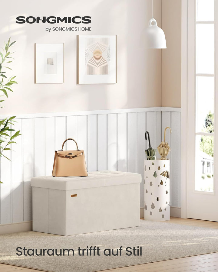 SONGMICS Sitzbank mit Stauraum, klappbare Sitztruhe, 38 x 76 x 38 cm | Aufbewahrungsbox, Deckel klap