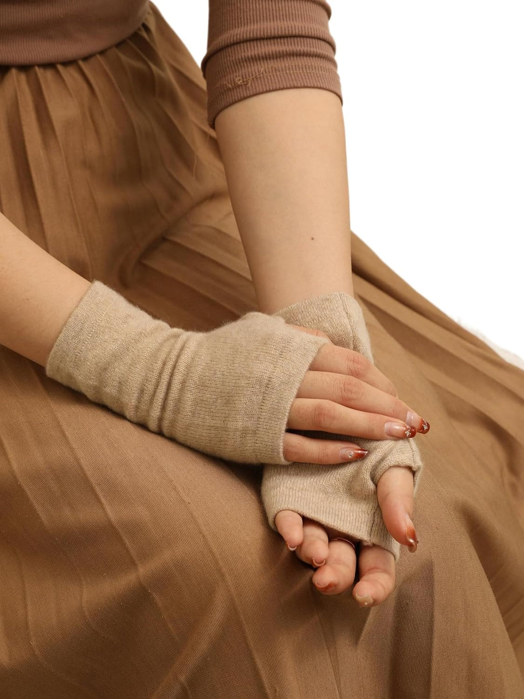 Kaschmir-Wolle Damen Pulswärmer fingerlose Handschuhe Hand-Stulpen 19 cm X 10 cm Taupe Beige, 19 cm