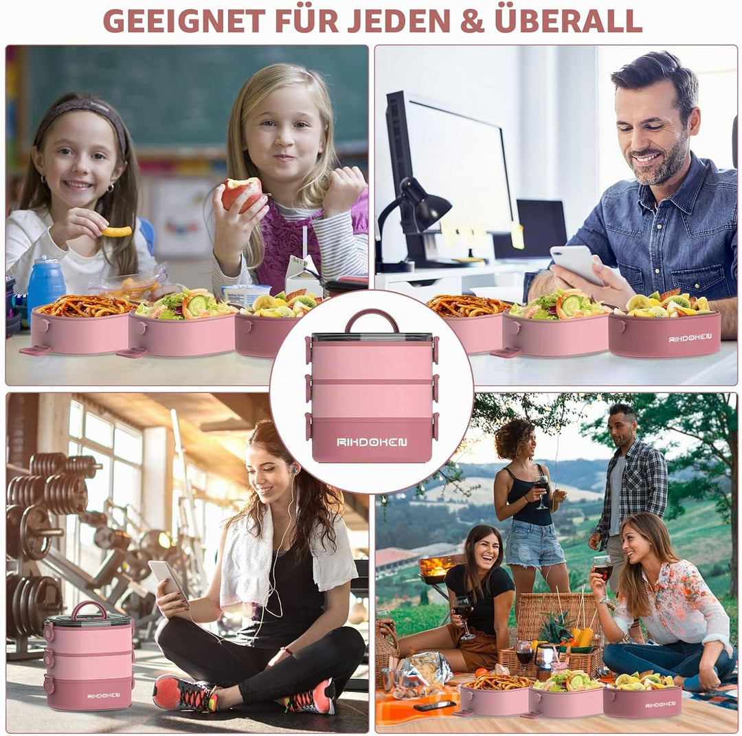 RIKDOKEN Bento Box Lunchbox, stapelbare 3-lagige Behälter, tragbare 2.6 l grosse Kapazität, auslaufs