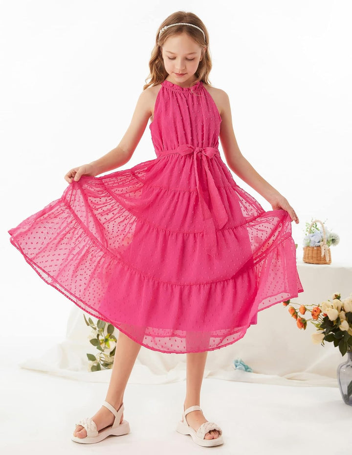 GRACE KARIN Mädchen Prinzessin Kleider Neckholder Swiss Dot Kleid A-Linie Maxikleid Casual Party Fes