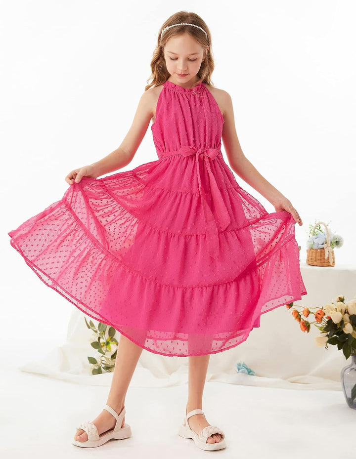 GRACE KARIN Mädchen Prinzessin Kleider Neckholder Swiss Dot Kleid Party | Midilang,Neckholder,Elasti