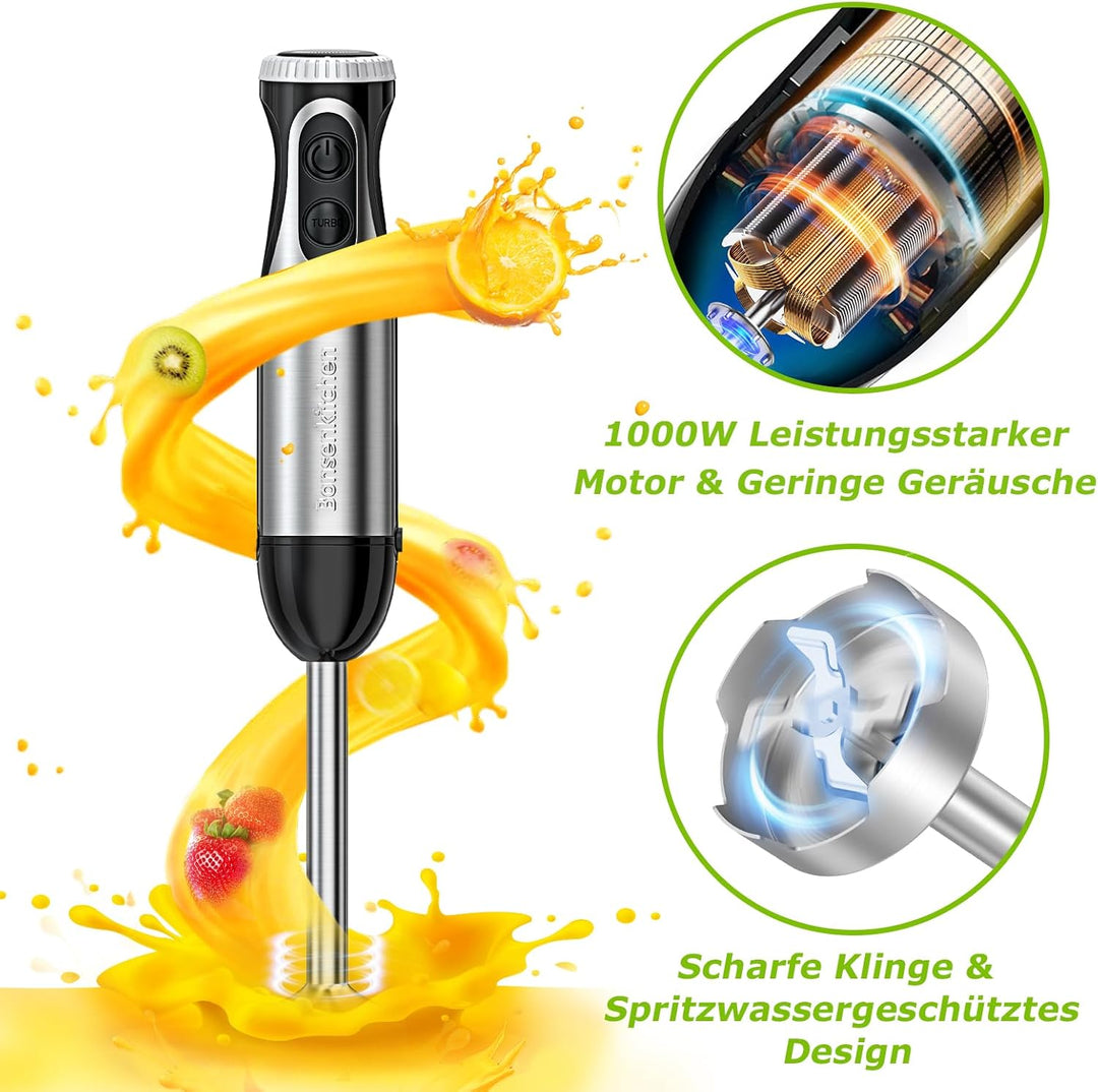 Bonsenkitchen Pürierstab, 4-en-1 Stabmixer Elektrischer, 1000W Stufenlos Geschwindigkeiten Püriersta