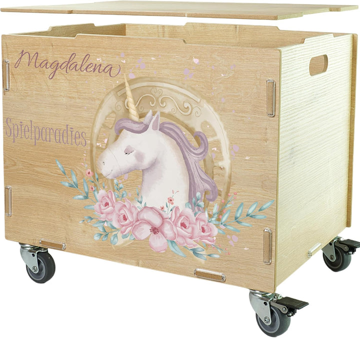 Peronalisierbare Aufbewahrungsbox mit Einhorn Kinder-Motiv (33x45,5x34,5cm + 6cm Räder-Höhe) Aufbewa