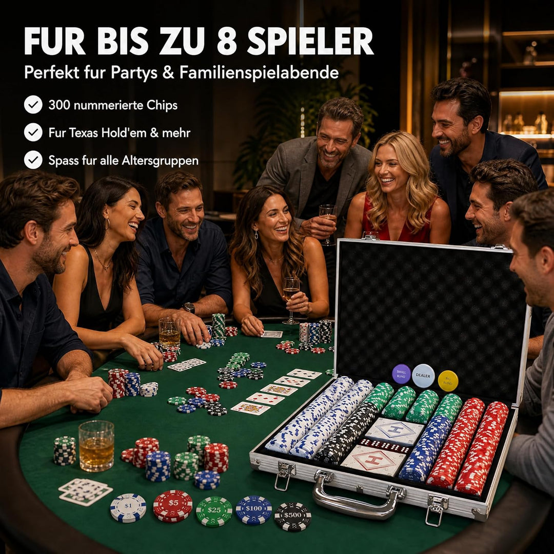 Pokerkoffer Set – 300 professionelle 11,5g Casino Pokerchips mit Eisenkern, Aluminiumkoffer, Zubehör