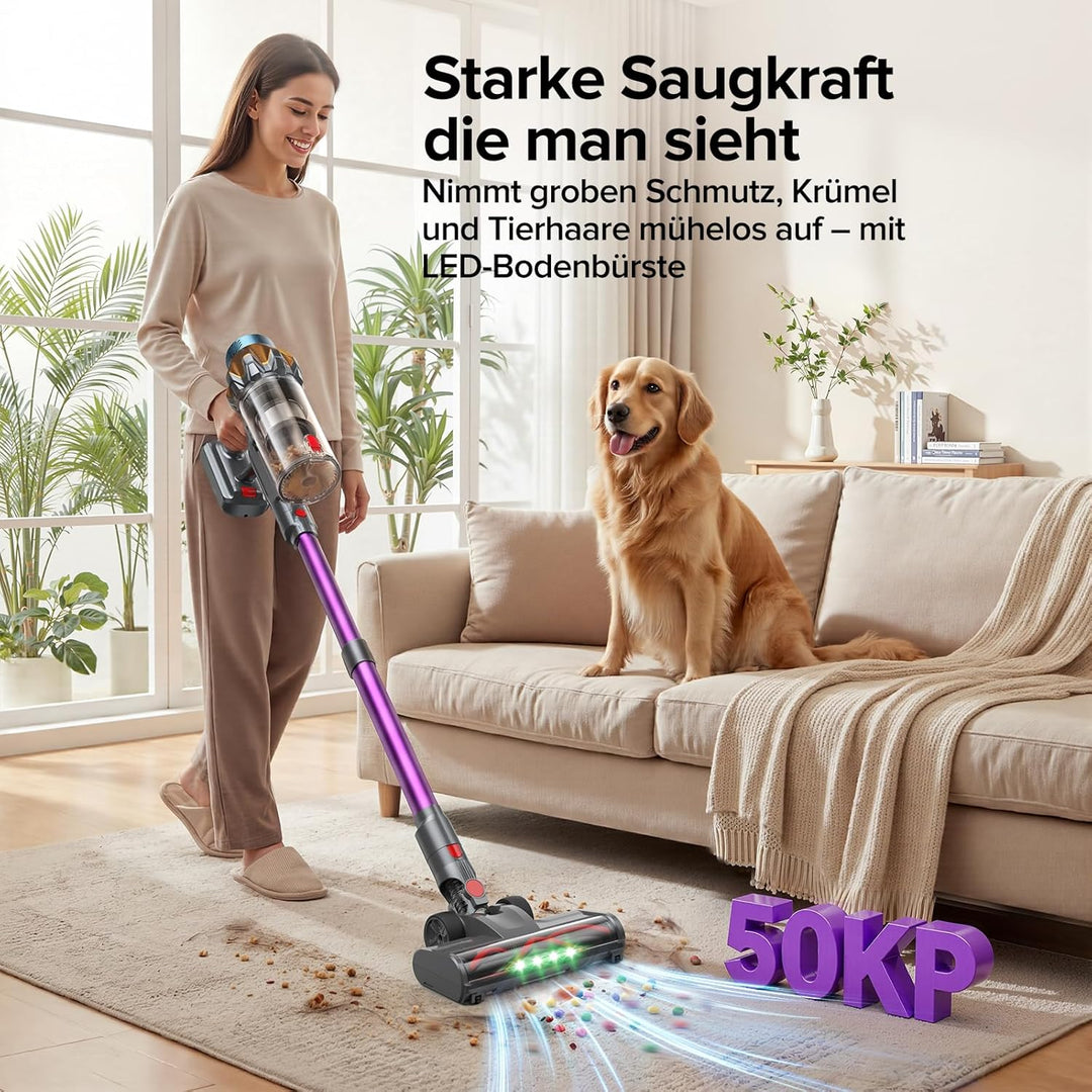 Lubluelu Akku Staubsauger Kabellos, 50kPa Saugkraft/50 Min Laufzeit, mit Selbststehend-Funktion&Anti