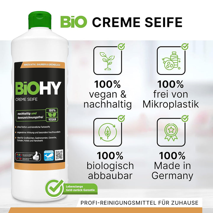 BiOHY Creme Seife (12 x 1 Liter) + Pumpspender | Hautschonende, rückfettende & geruchsneutrale Hands