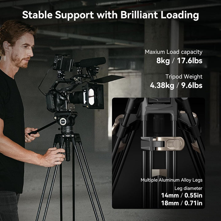 SMALLRIG 75" Heavy-Duty Videostativ, Stativ aus Aluminiumlegierung mit Fluidkopf, einstufige Höhenve