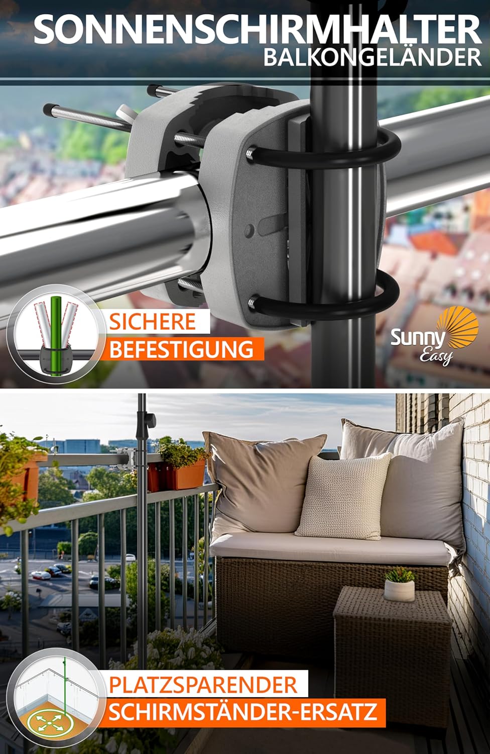 4smile Sonnenschirm Balkon SunnyShade - Sonnenschutz Balkon 3-in-1 SET, Anthrazit - UPF 50+ Sonnensc