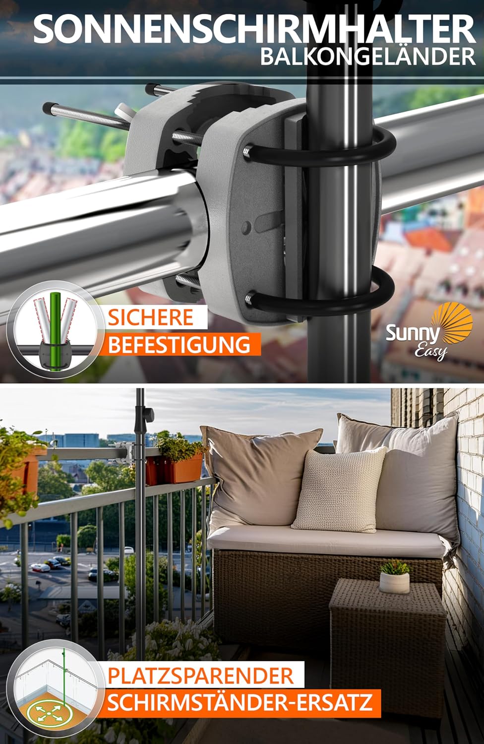 4smile Sonnenschirm Balkon SunnyShade - Sonnenschutz Balkon 3-in-1 SET, Beige - UPF 50+ Sonnenschirm
