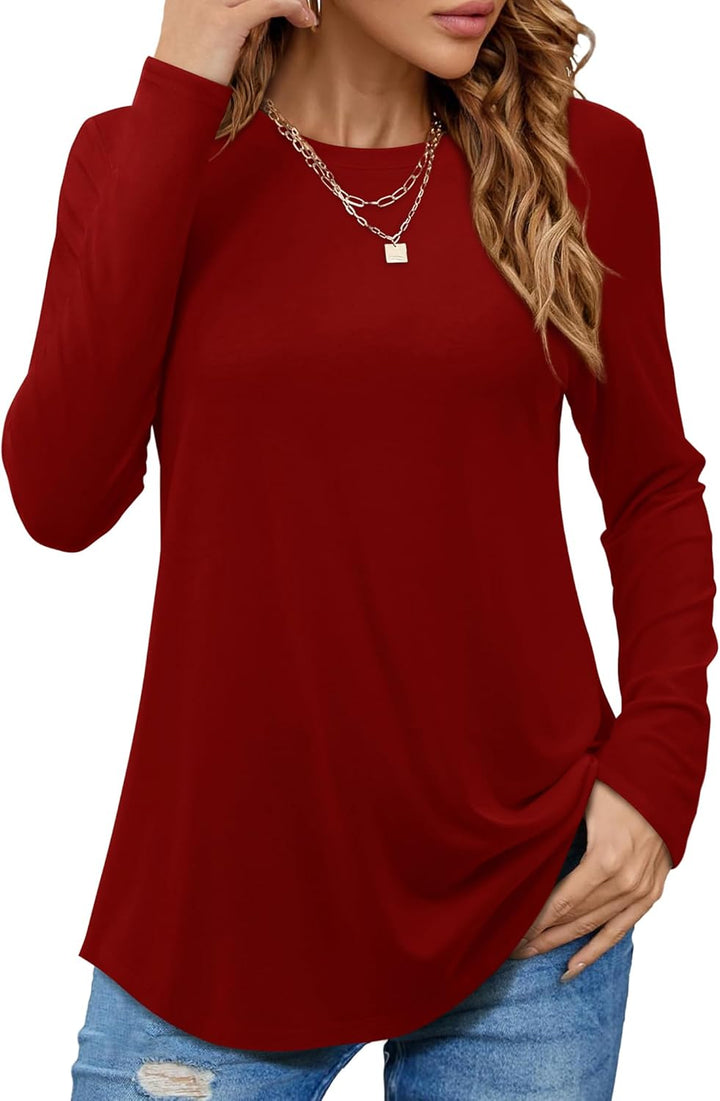 Beluring T-Shirt Damen Lässig Kurzarm/Langarm Oberteile Rundhals Longshirt L Weinrot, L Weinrot