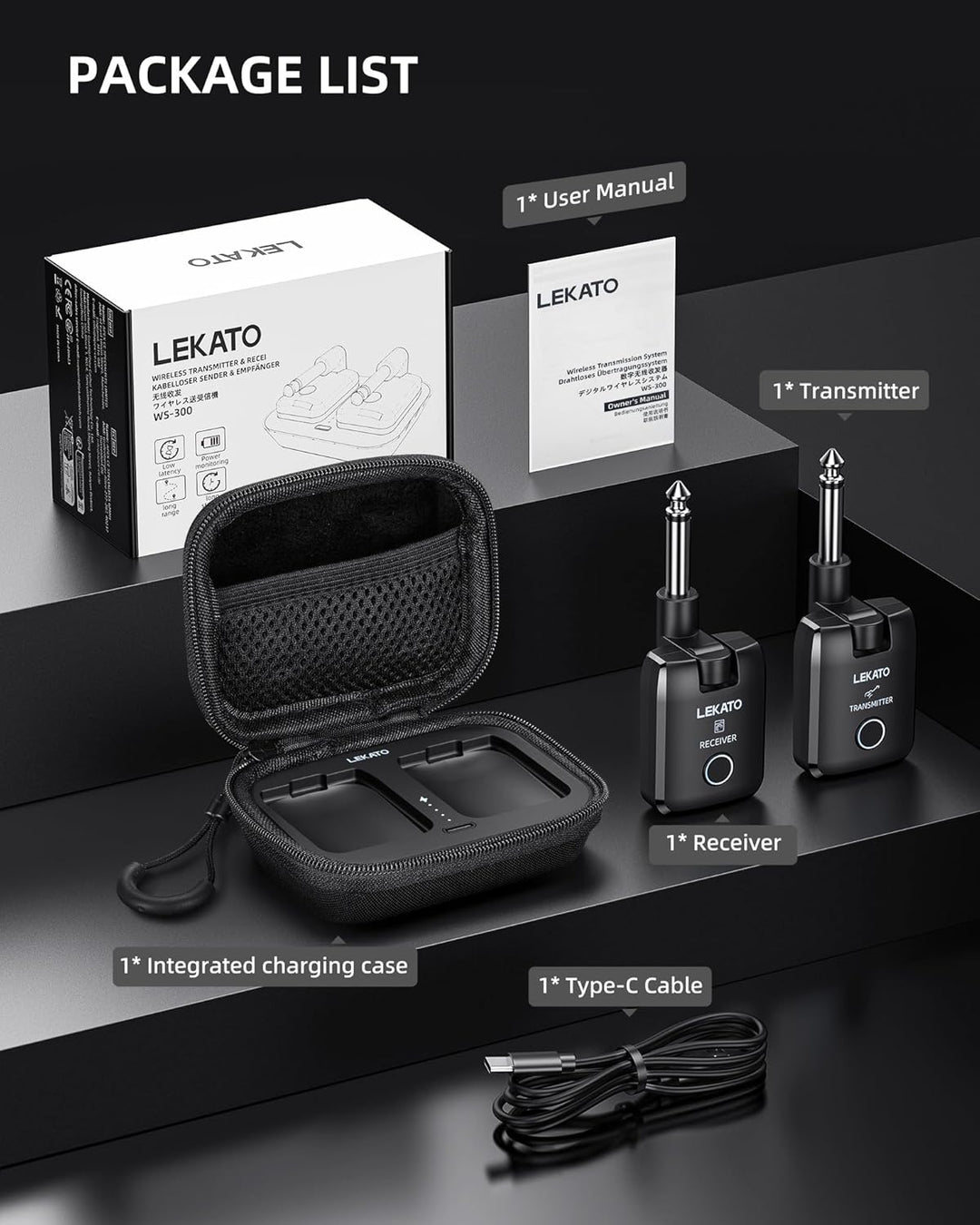 LEKATO Kabelloses Gitarrensystem mit Ladecase, Gitarren-Sender & Empfänger mit 18 Std. Spielzeit, wi