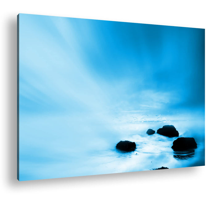 deyoli neblischer Sandstrand Format: 100x70 Effekt: Monocrome Blau als Leinwand, Motiv fertig gerahm