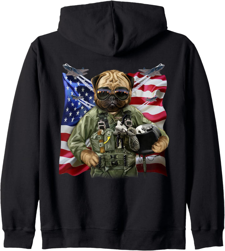 Mops als Kampfpilot mit Flagge der USA Kapuzenjacke