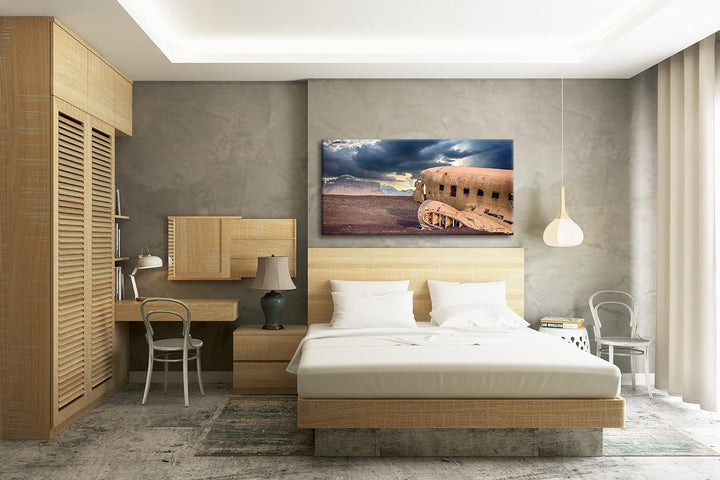 abgestürztes Flugzeug Panorama 120x60 cm als Leinwandbild, Motiv fertig gerahmt auf Echtholzrahmen,