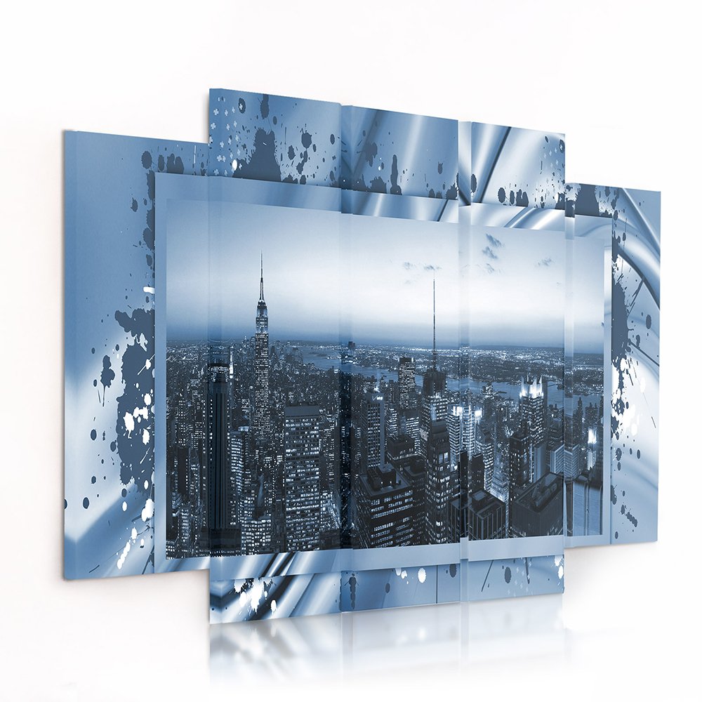 Feeby Frames, Leinwandbild Bilder Wand Bild - 5 Teile - Wandbilder Kunstdruck (New York City, BLAU)