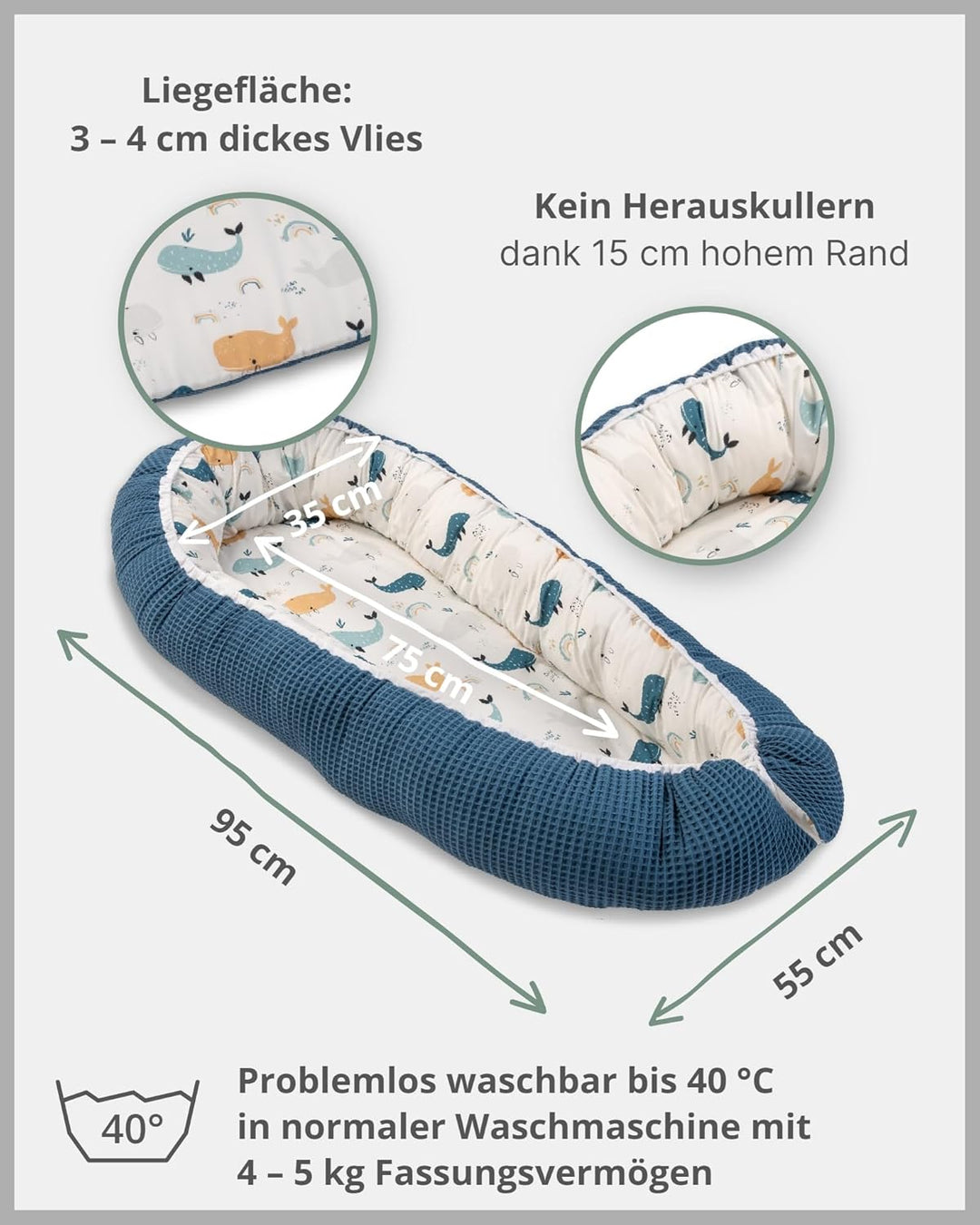 ULLENBOOM ® Babynest & Kuschelnest (55x95 cm) Blau-Wale (Made in EU) - Baby Nestchen aus Baumwolle,