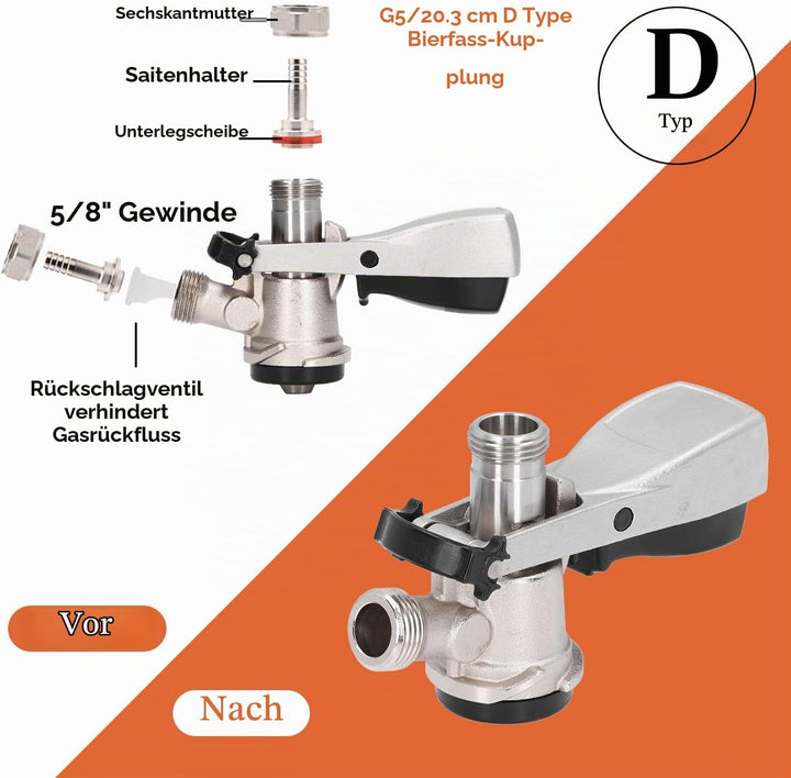 Kegverschluss Zapfkopf Typ D G5/8 Gewinde Keg Zapfanlage mit Überdruckventil, 304 Edelstahl Brauen B