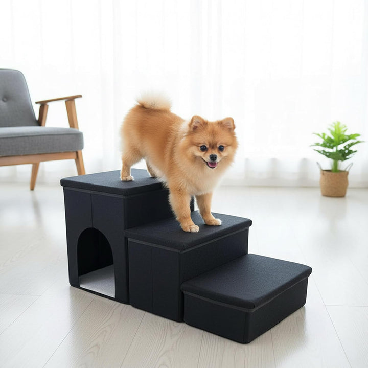 Relaxdays Hundetreppe, 3 Stufen, Höhle & Stauraum, HxBxT: 43 x 75 x 33 cm, faltbar, Hunderampe Bett