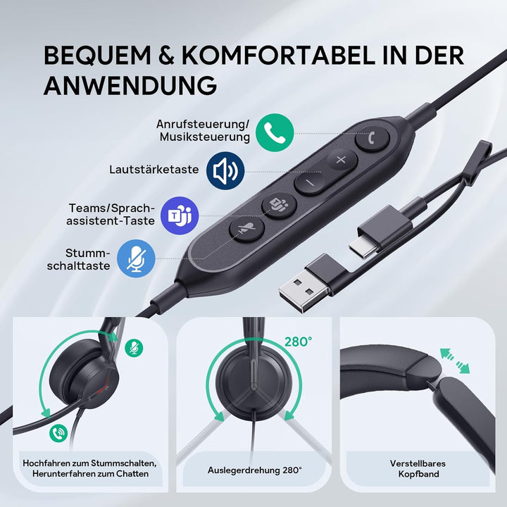 Yealink UH44 Kabelgebundenes Headset Dual USB PC Headset mit Dual‑Mikrofon Geräuschunterdrückung USB