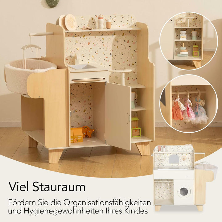 Holz-Babybettchen, 4-in-1-Holzspielset zur Babypflege mit Wiege, Montessori-Rollenspielzeug für Kind