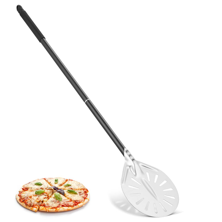 Perforierte Pizzaschaufel, 6 Zoll Pizzaschieber Pizzapaddel aus Aluminium mit Langem Abnehmbarem Gri