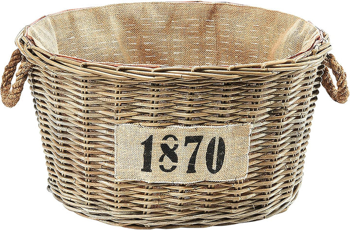 Kobolo Holztrage Holzkorb für Kaminholz oval - Rattan grau - mit Jutestoff ausgestattet - 1870