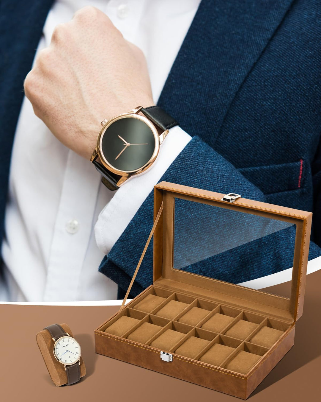 Uten Uhrenbox mit 12 Fächern, Uhrenbox mit Glasabdeckung, Uhrendisplay Aufbewahrungsbox für Damen un