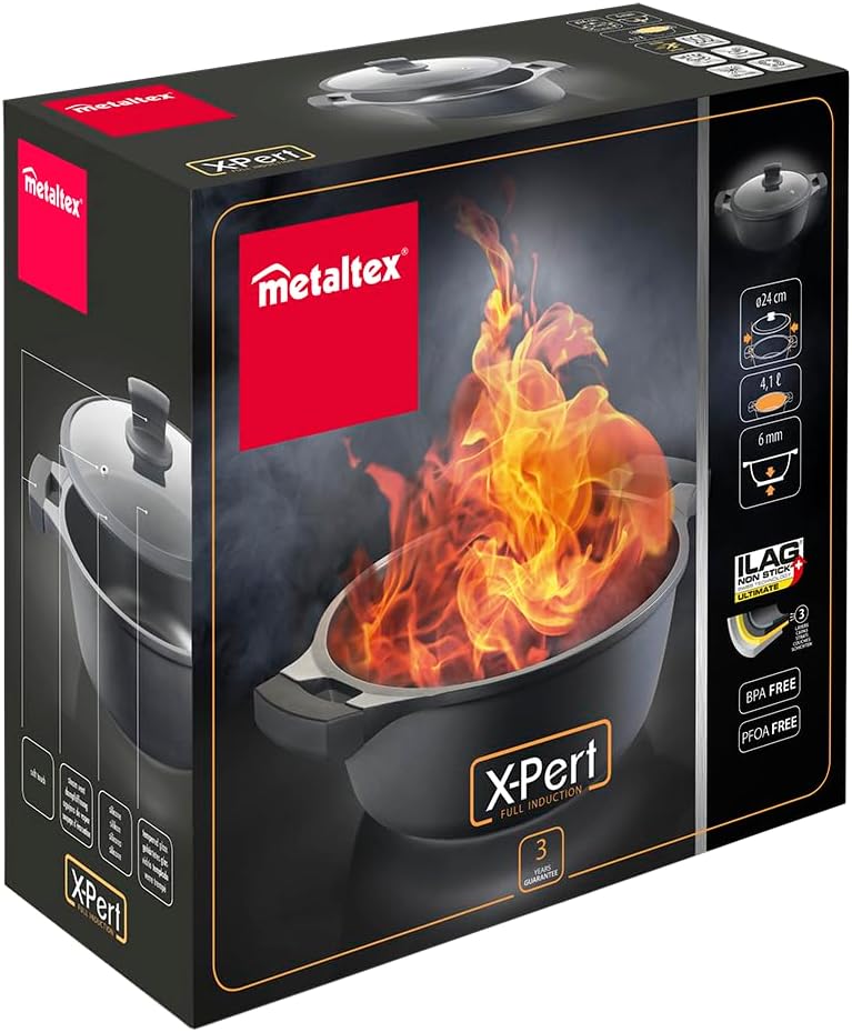 Metaltex XPERT - Kochtopf aus Aluminiumguss, 24 cm, antihaftbeschichtet, ILAG, 3 Schichten, Induktio